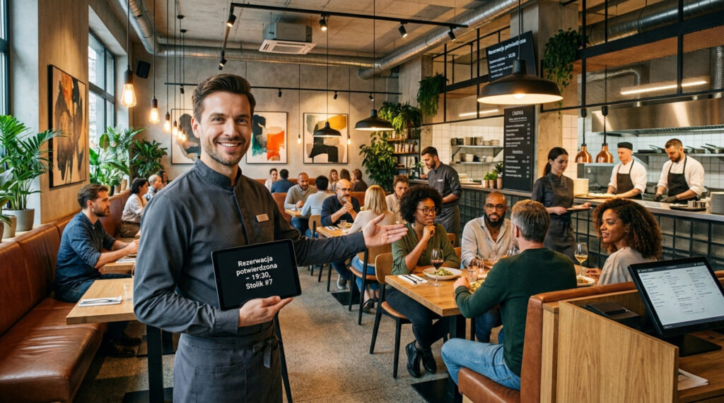 Uśmiechnięty menadżer restauracji trzymający tablet z komunikatem „Rezerwacja potwierdzona – 19:30, Stolik #7” na tle tętniącej życiem, nowoczesnej sali jadalnej.