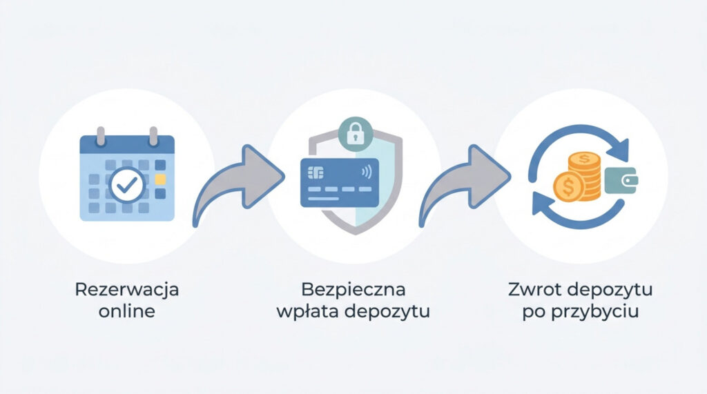 Infografika przedstawiająca trzy kroki procesu: rezerwację online z ikoną kalendarza, bezpieczną wpłatę depozytu kartą płatniczą oraz zwrot depozytu po przybyciu z ikoną monet i portfela.