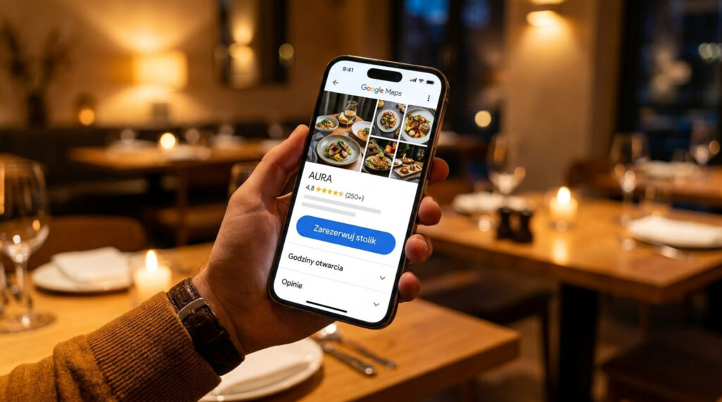 Dłoń trzymająca smartfon z otwartą wizytówką restauracji Aura w aplikacji Google Maps, na której widoczny jest niebieski przycisk Zarezerwuj stolik.