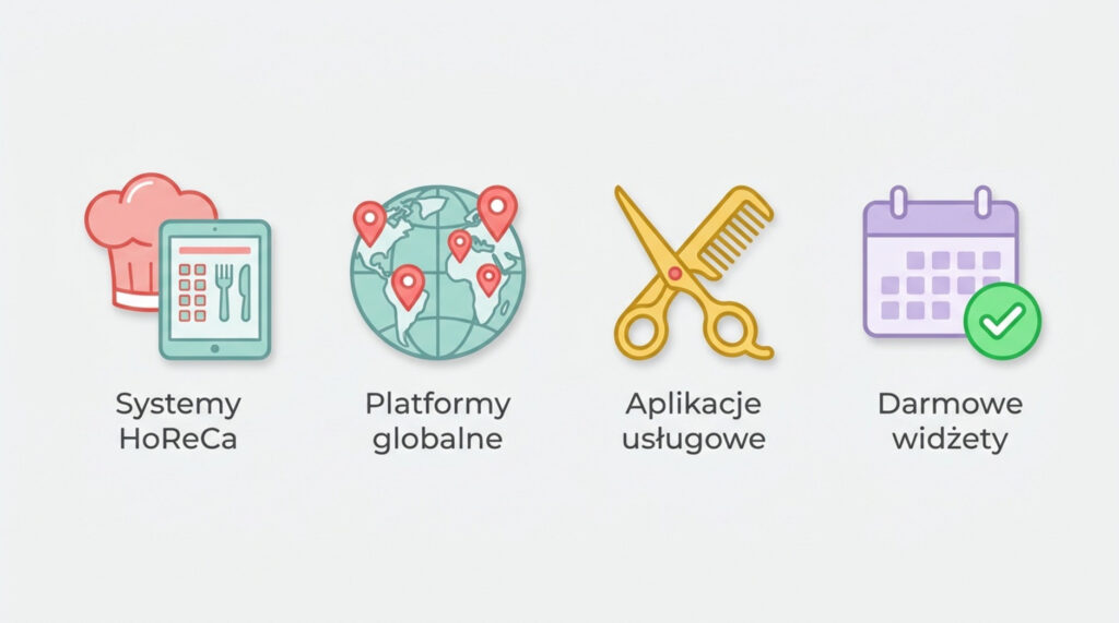 Grafika przedstawiająca cztery ikony z podpisami: czapka kucharska i tablet (Systemy HoReCa), globus z pinezkami (Platformy globalne), nożyczki i grzebień (Aplikacje usługowe) oraz kalendarz z fajką (Darmowe widżety).