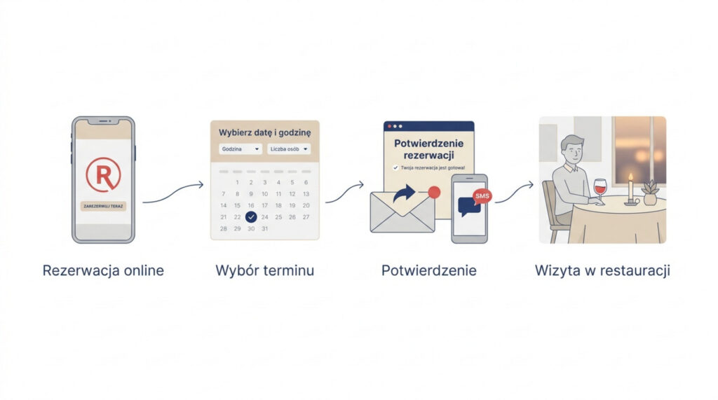 Infografika przedstawiająca cztery etapy: rezerwację online na smartfonie, wybór terminu w kalendarzu, otrzymanie potwierdzenia e-mail i SMS oraz wizytę gościa w restauracji.
