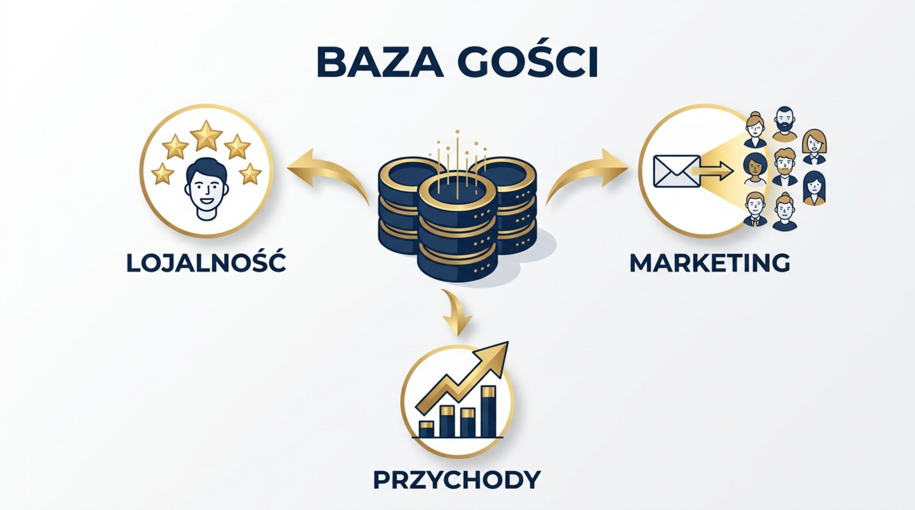 Infografika przedstawiająca bazę gości jako centralny element, z którego strzałki prowadzą do trzech korzyści: lojalności, marketingu i przychodów.