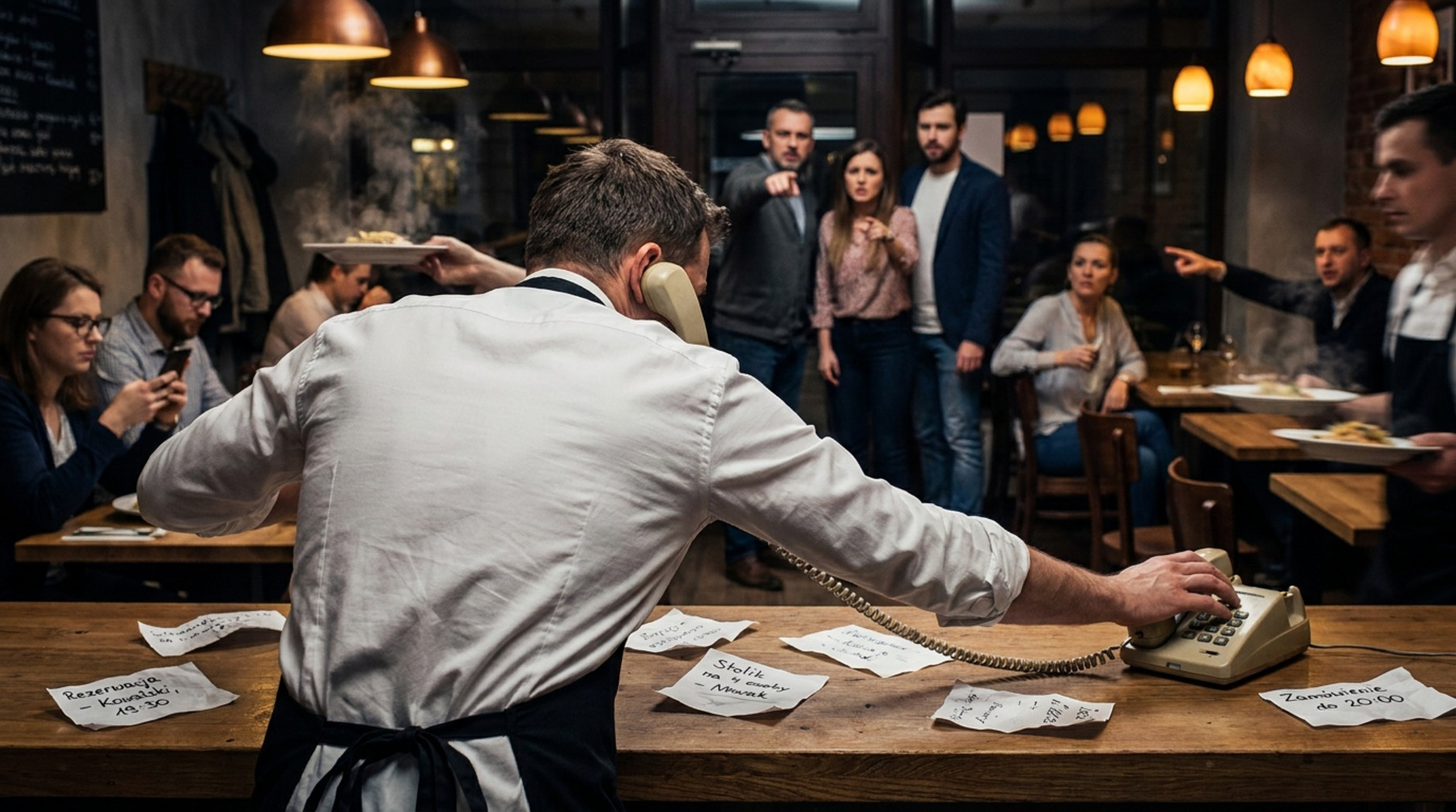 Zapracowany kelner przyjmujący rezerwację przez telefon stacjonarny przy barze pełnym odręcznych notatek, w tle niezadowoleni i czekający goście restauracji.