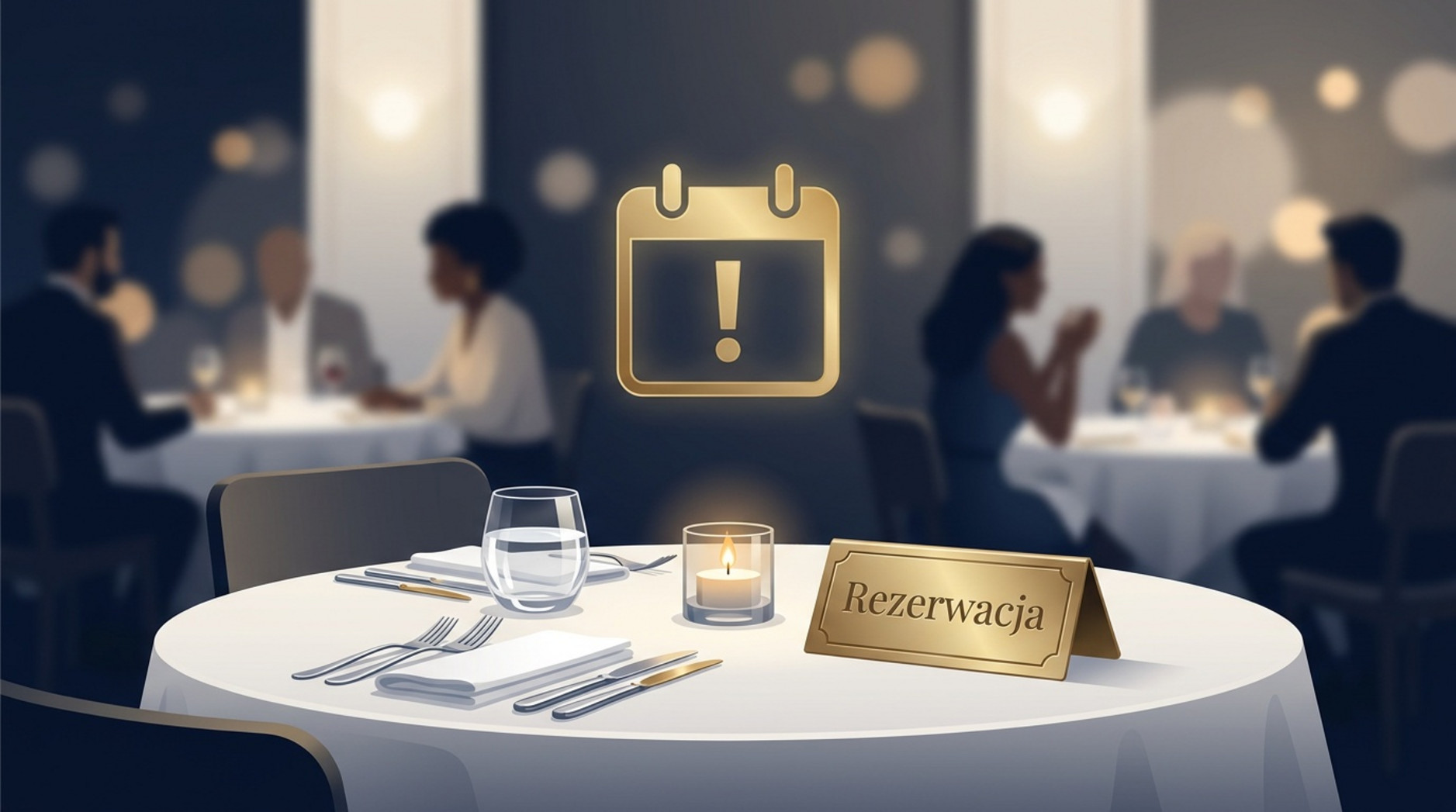 Pusty, nakryty stolik w restauracji ze złotą tabliczką „Rezerwacja