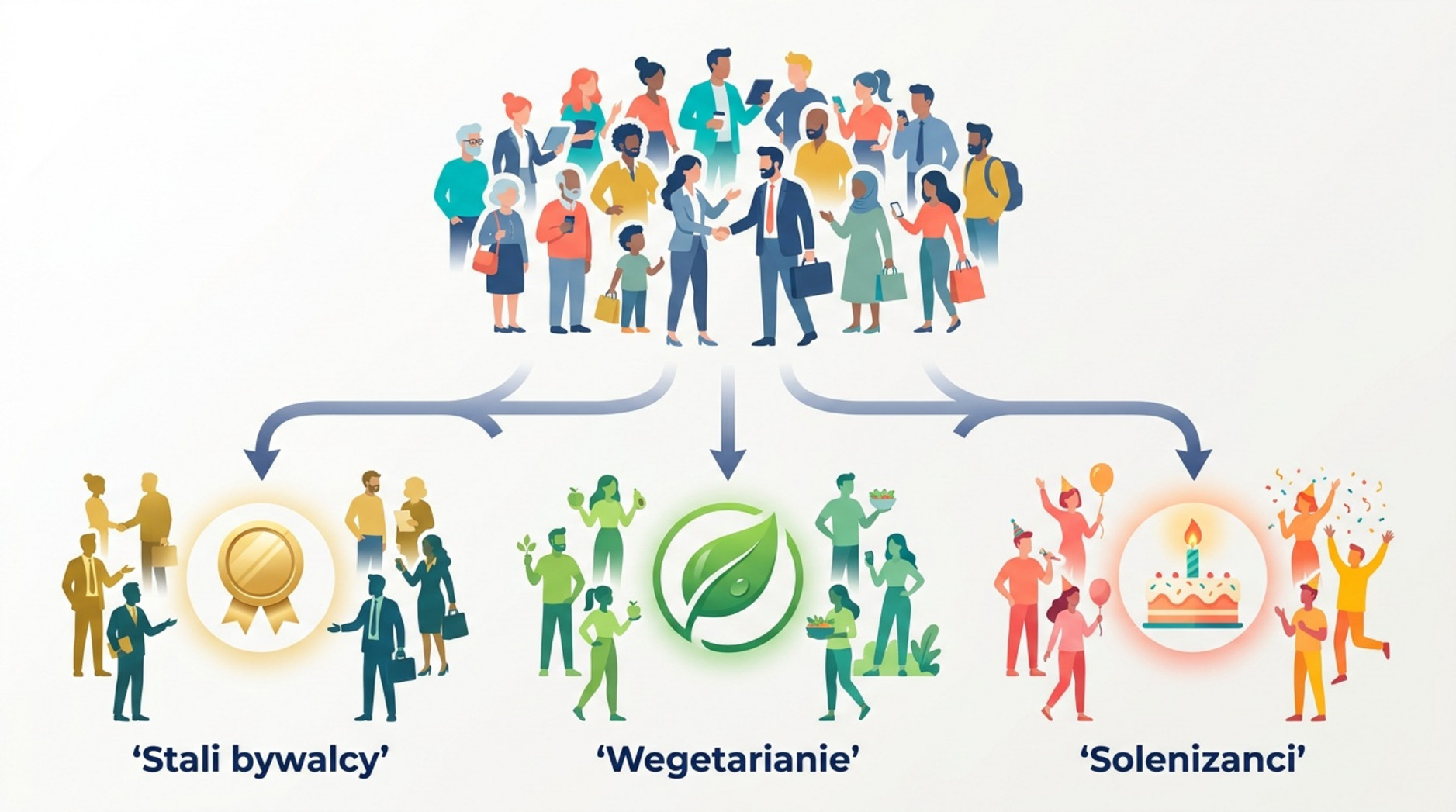 Infografika przedstawiająca segmentację bazy gości restauracji — z dużej grupy osób wydzielone trzy segmenty: stali bywalcy, wegetarianie i solenizanci.