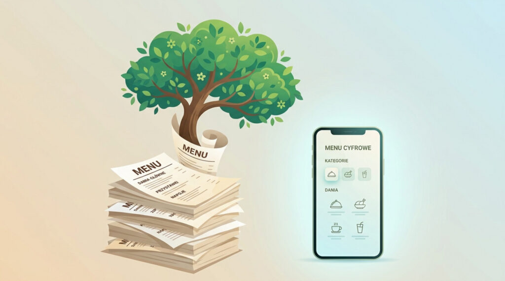 Ilustracja przedstawiająca stos papierowych kart menu z drzewem oraz smartfon z menu cyfrowym.