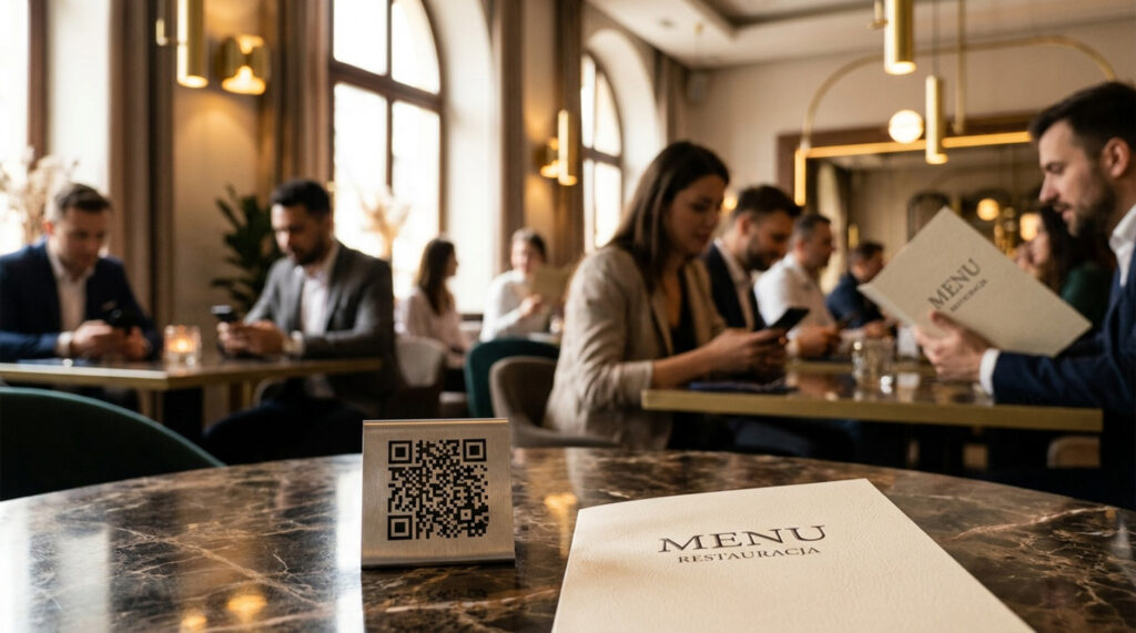 Kod QR oraz papierowe menu leżące na stoliku w eleganckiej restauracji.