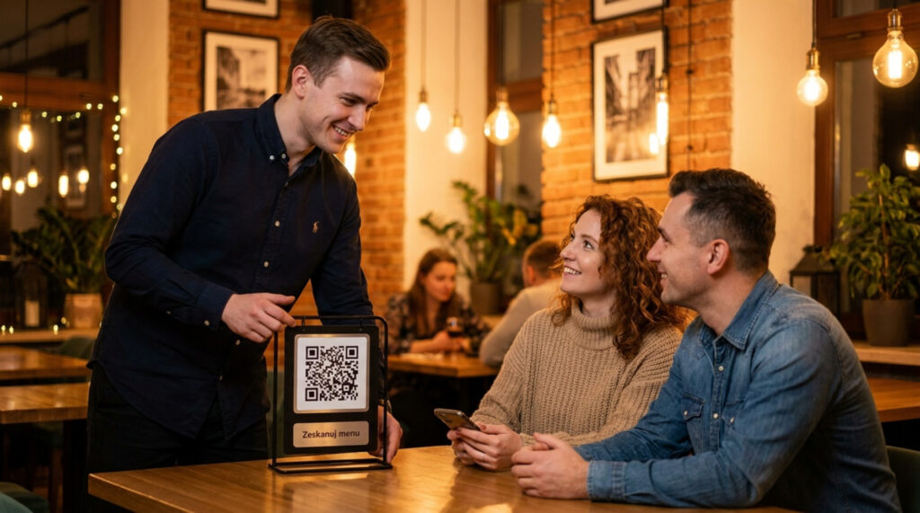 Pracownik restauracji pokazuje gościom przy stoliku kod QR do zeskanowania menu.