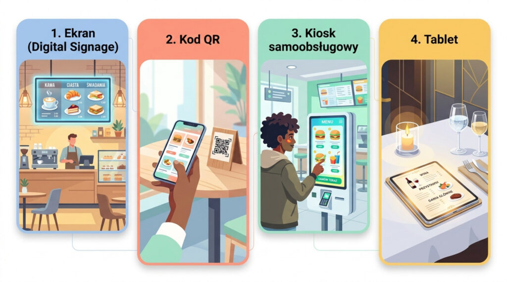 Ilustracja pokazująca cztery sposoby prezentacji menu w restauracji: ekran digital signage, kod QR, kiosk samoobsługowy i tablet.