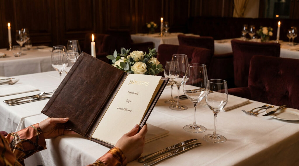 Osoba trzymająca tradycyjny jadłospis przy nakrytym stole w eleganckiej restauracji.