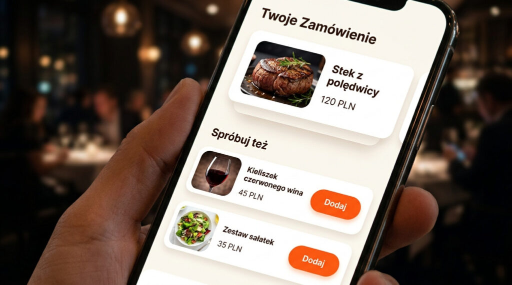 Smartfon z ekranem zamówienia w aplikacji restauracyjnej pokazujący stek z polędwicy i dodatki.
