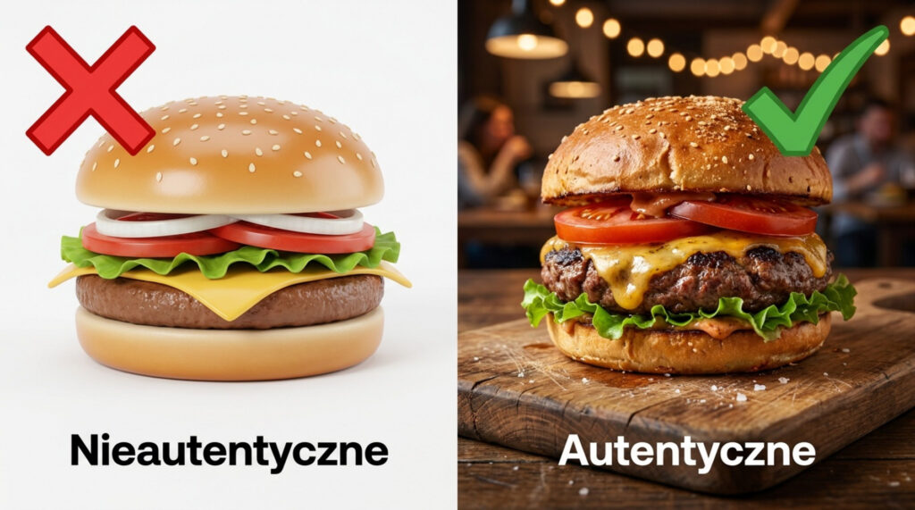 Porównanie nieautentycznego i realistycznego zdjęcia burgera w restauracji