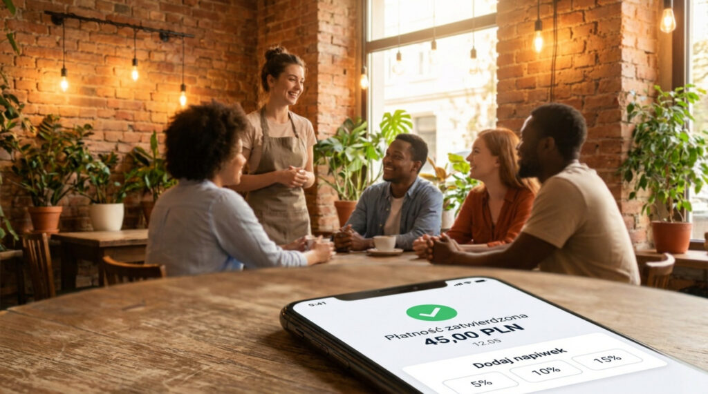 Płatność mobilna w restauracji z możliwością dodania napiwku na smartfonie