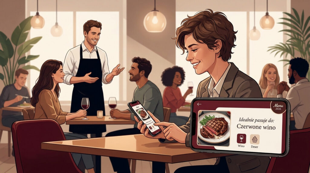 Ilustracja restauracji z gościem korzystającym z mobilnego menu sugerującego czerwone wino do steku.