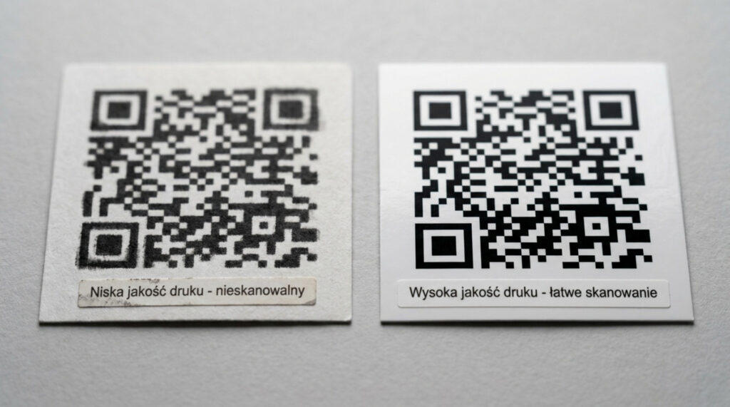 Porównanie niskiej i wysokiej jakości druku kodu QR pod kątem możliwości skanowania
