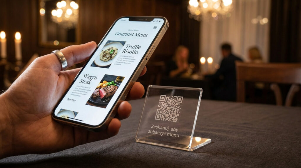 Cyfrowe menu restauracji premium otwarte na smartfonie obok kodu QR