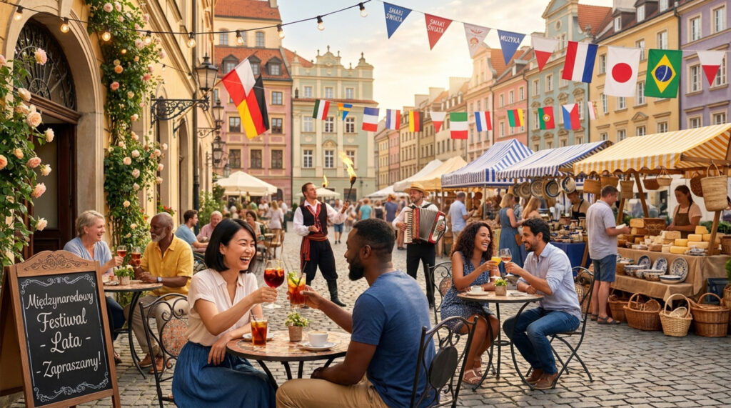 Międzynarodowy festiwal kulinarny z restauracyjnymi ogródkami, stoiskami i flagami różnych krajów