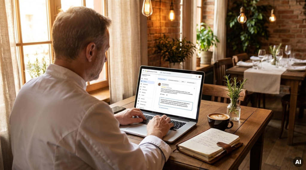 Właściciel restauracji odpowiadający na opinie Google na laptopie