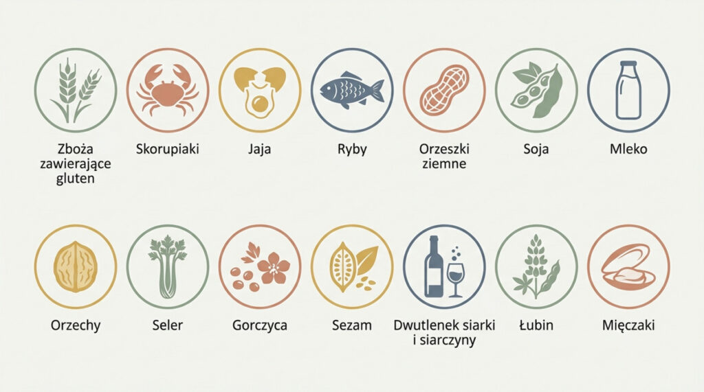 Symbole alergenów spożywczych stosowanych w menu restauracji, m.in. glutenu, jaj, ryb, mleka i orzechów